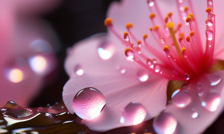 Water drops on pink sakura flower with bokeh background.の素材