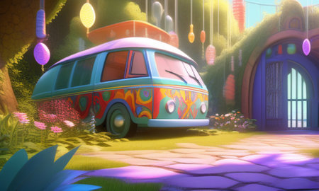 3d illustration of a retro van in the garden with lanternsの素材