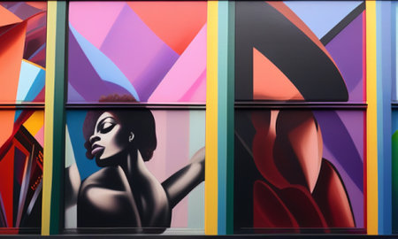 3d rendering of a female figure in front of a colorful wallの素材