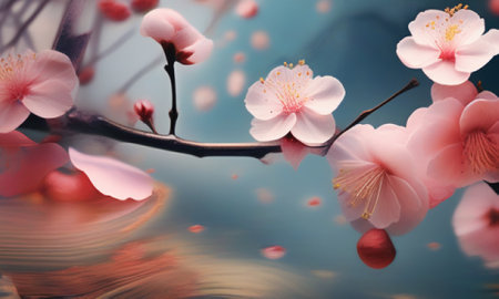 cherry blossom sakura flower on blue background with water reflectionの素材