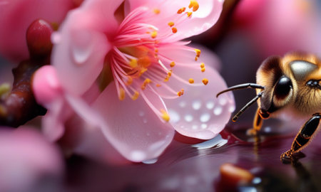 Honey bee collecting nectar from blooming sakura flowers.の素材