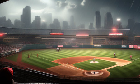 Baseball Pitcher in the Night with Fog and Rain, 3D Renderingの素材