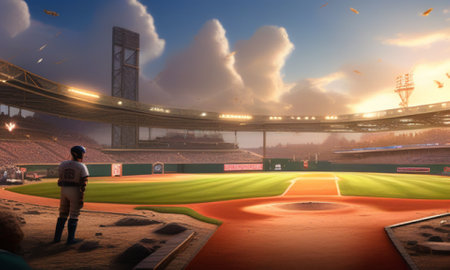 Baseball players in the stadium at dusk. 3D rendering.の素材
