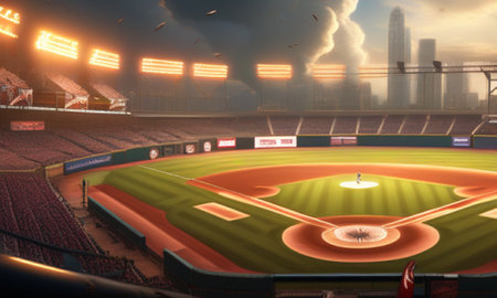 3D rendering of a baseball field with lights and smoke coming outの素材