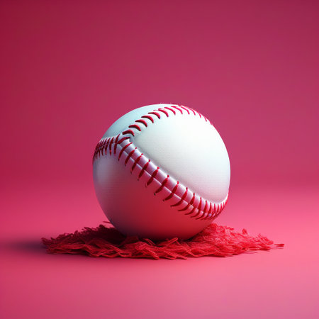 Baseball ball on a red background. 3d render illustration.の素材