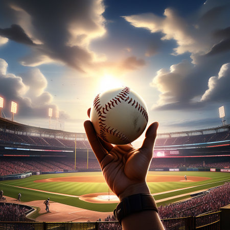 Baseball ball in hand on baseball field at sunset. 3D renderingの素材