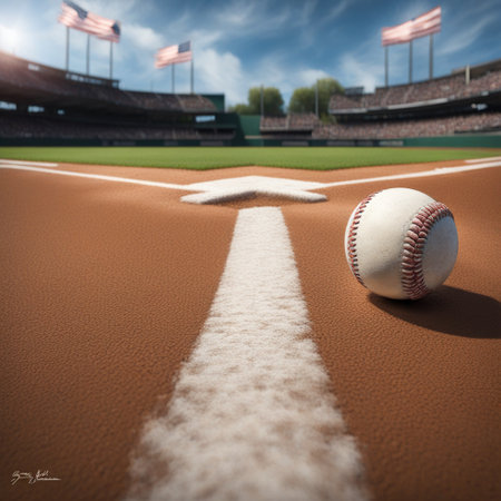 Baseball in front of a baseball field. 3D Renderingの素材