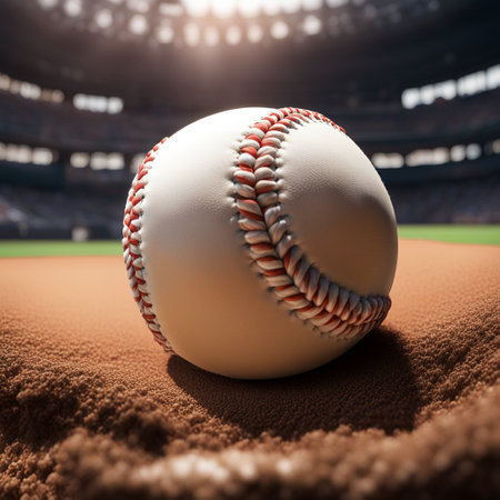 Baseball ball on a baseball field. 3D Rendering.の素材