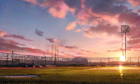 Sunset over the field. Panoramic view of sunset over the field.の素材