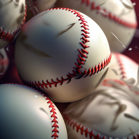 Baseball balls on a red background with copy space. 3d illustrationの素材