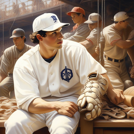 Baseball pitcher sitting on the base of the old baseball team.の素材