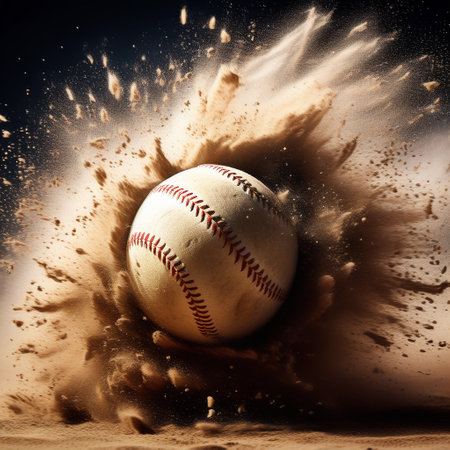 Baseball ball in the sand with splashes of powder. Copy spaceの素材