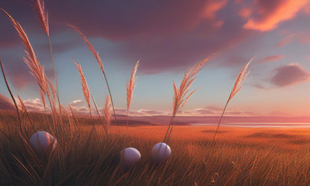 Easter eggs in grass at sunset. 3d render illustration.の素材