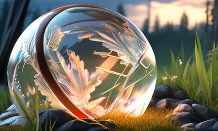 3d illustration of crystal ball with grass and sunset in the backgroundの素材