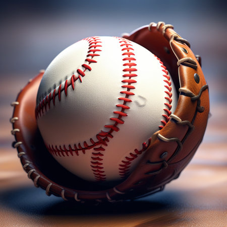 Baseball ball and glove on a wooden background. 3d illustrationの素材