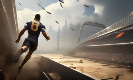 Athlete running on the road in the city. 3d renderingの素材