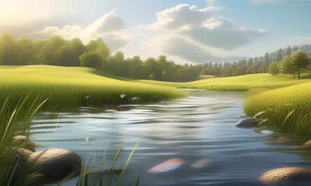 Green meadow and river in the morning. 3d render.の素材