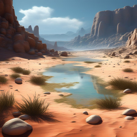 Fantasy landscape with lake in desert. 3d render illustration.の素材