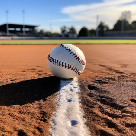 Baseball on the base of a baseball field with blue sky.の素材