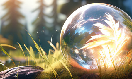 3d render of crystal ball with grass and flowers in the backgroundの素材