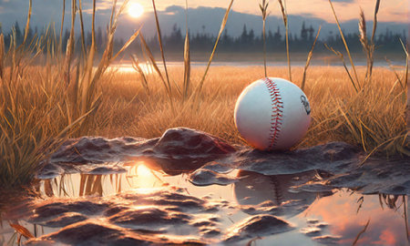 Baseball on the field with reflection in water at sunset time.の素材