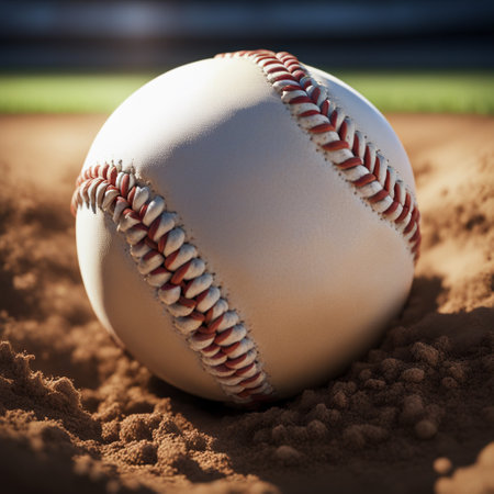Baseball ball on a baseball field. Softball in a baseball fieldの素材