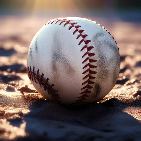 Baseball ball on the sand in the rays of the setting sun