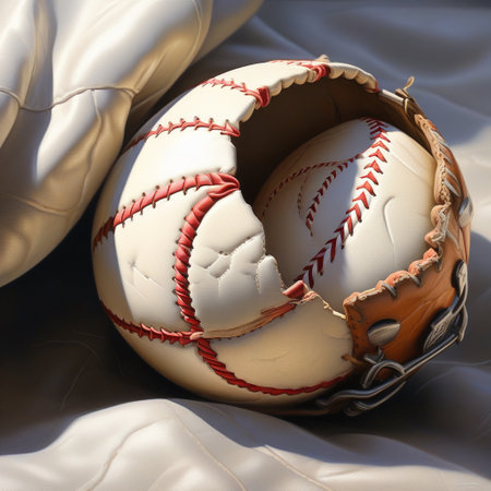 Baseball ball and glove on the white cloth. Close-up.の素材