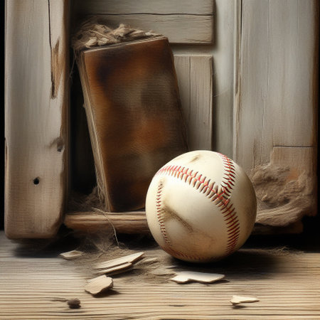 Old baseball and old book on a wooden background. Retro style.の素材