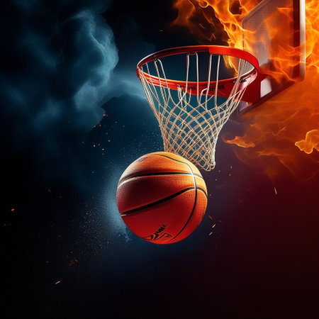 Basketball ball flying into the basketball hoop with smoke and fire effectの素材
