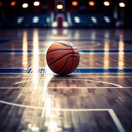 Basketball ball on the floor of a basketball court. 3d renderingの素材