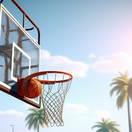 Basketball hoop with ball on sunny sky background. 3d renderの素材