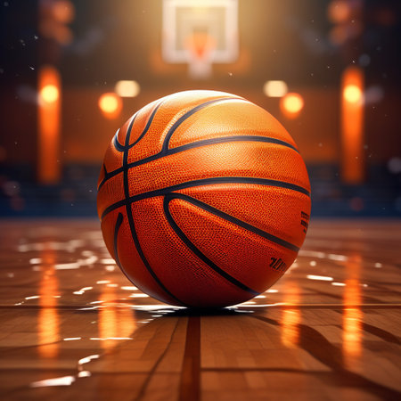 Basketball ball on the basketball court. 3d render illustration.の素材