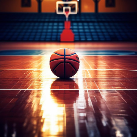 Basketball ball on the floor of a sports hall. 3d renderingの素材