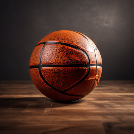 Basketball ball on a wooden floor. 3d rendering image.の素材
