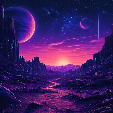 Fantasy alien planet. Mountain and sunset. 3D illustration.の素材