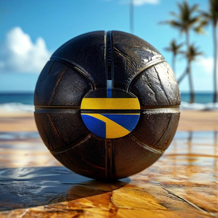 Soccer ball with the flag of the Republic of the Bahamas on a wooden surfaceの素材