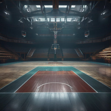 Basketball court with red and blue floor, 3d render.の素材