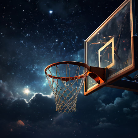 Basketball hoop in the night sky with stars. 3d renderingの素材