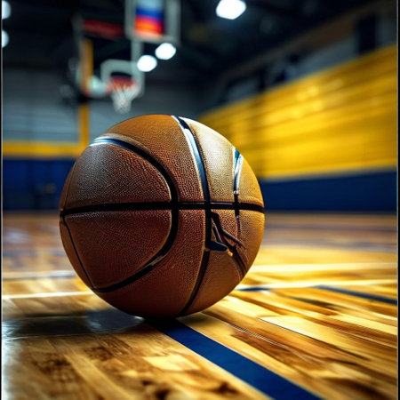 Basketball ball on the floor in the gym. Sport background.の素材