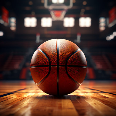 Basketball ball on the floor of a sports arena. 3d renderingの素材