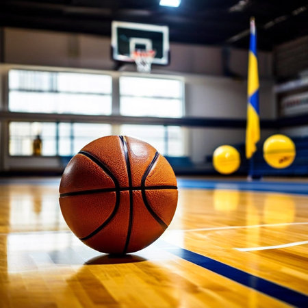 Basketball ball on the floor of a basketball court with a blurred backgroundの素材