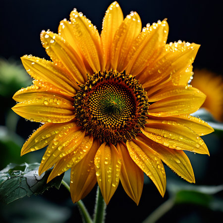 Beautiful sunflower with dew drops on the petals.の素材