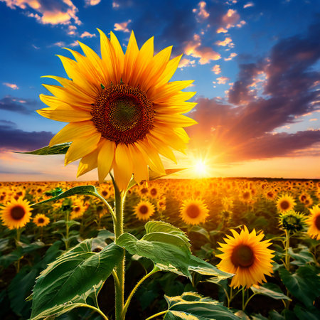 Sunflower field at sunset. Beautiful summer landscape with sunflowers.の素材