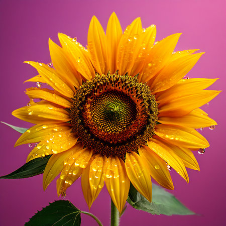 Beautiful sunflower with water drops on petals on a pink backgroundの素材