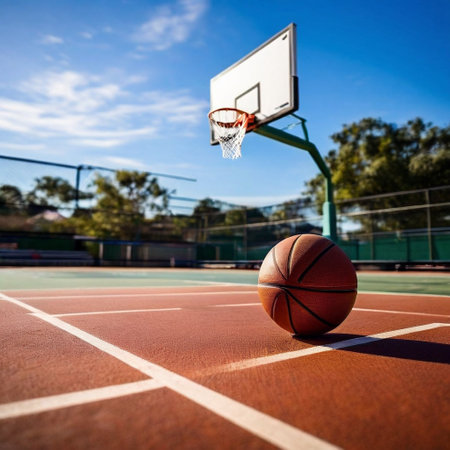 Basketball ball and basketball hoop on outdoor court. Sport concept.の素材