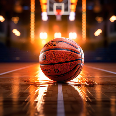 Basketball ball on the court. 3d illustration. Blurred background.の素材