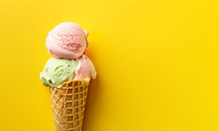 Ice cream scoops in waffle cone on yellow background with copy spaceの素材