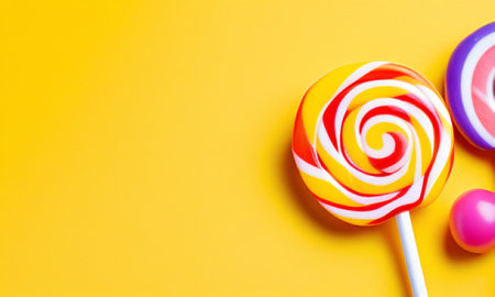 Colorful lollipops on a yellow background with copy spaceの素材