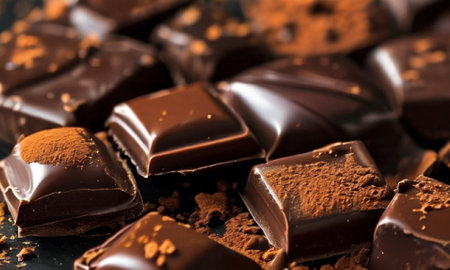 close up of a pile of chocolate bars with cocoa powder on a black backgroundの素材